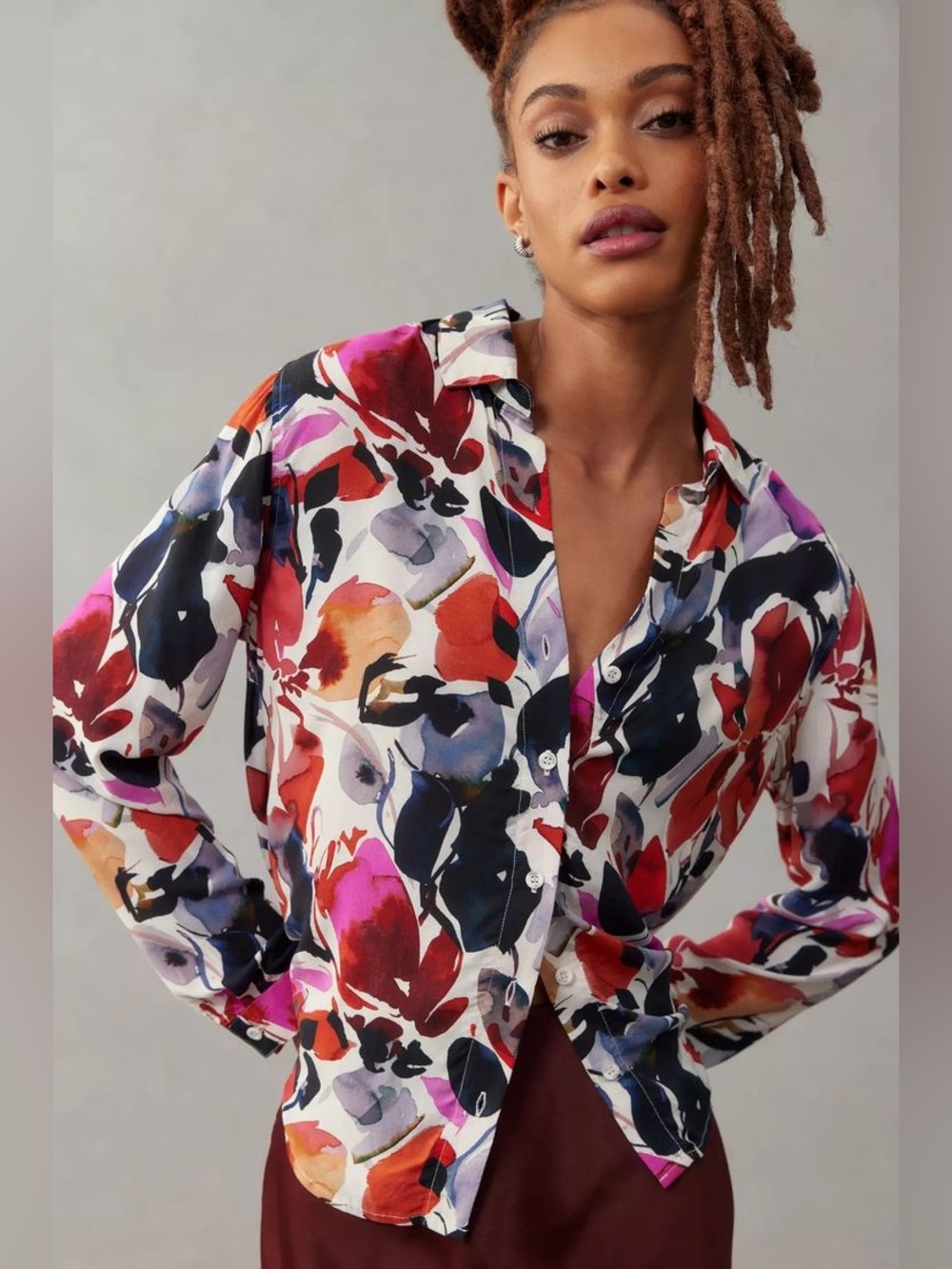 Anthropologie Cloth & Stone Watercolor Abstract Floral Button-Down Blouse